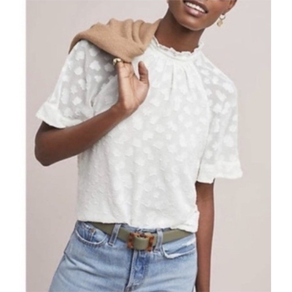 Anthropologie Feather Bone Women's Cream Short Sleeve Mock Neck Blouse Small